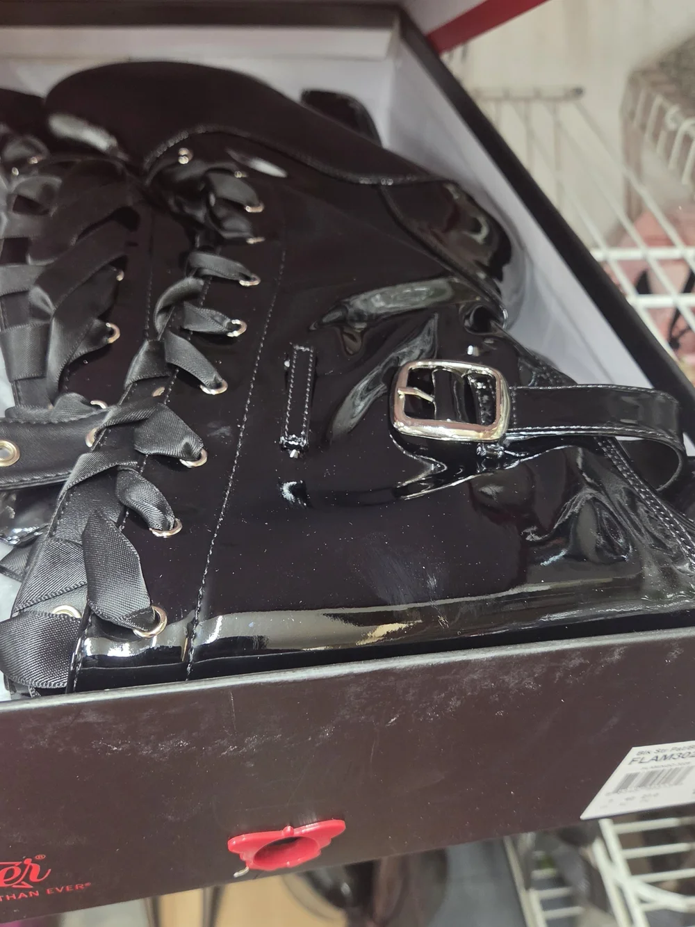 Pleaser Black Patent Over-the-Knee Lace-Up Platform Boots